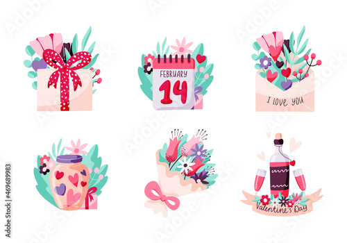 Valentine s Day mini concept set isolated on white background. Vector hand drawn illustration. Greeting icon collection