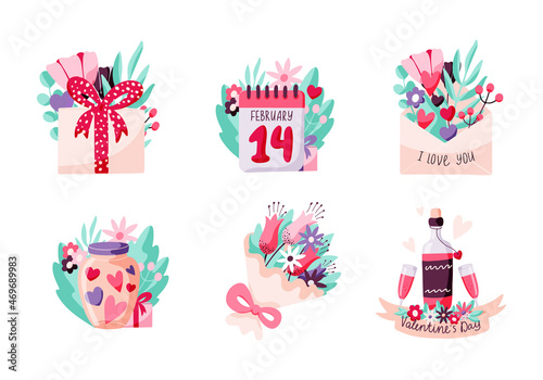 Valentine's Day mini concept set isolated on white background. Vector hand drawn illustration. Greeting icon collection