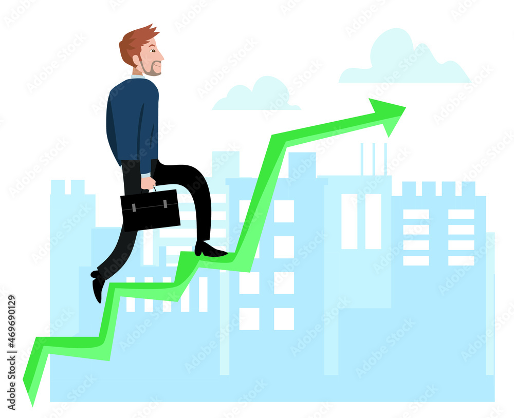 A businessman climbing the positive stock chart. Positive stock market. Growth investment concept. Stock market positive signal. Isolated vector. A businessman climbing the positive stock chart. Positive stock market. Growth investment concept. Stock market positive signal. Isolated vector.