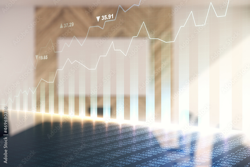Abstract virtual financial graph hologram on a modern conference room background, forex and investment concept. Multiexposure Abstract virtual financial graph hologram on a modern conference room background, forex and investment concept. Multiexposure