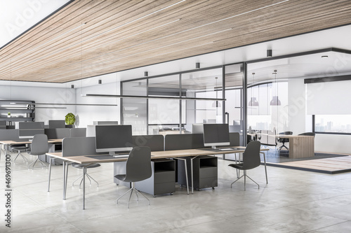 Modern concrete and wooden office interior with glass, partition and furniture, daylight, window with city view. Workplace concept. 3D Rendering.