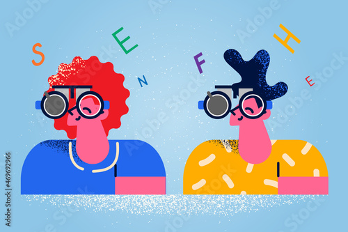 People in glasses check sight in optician cabinet 