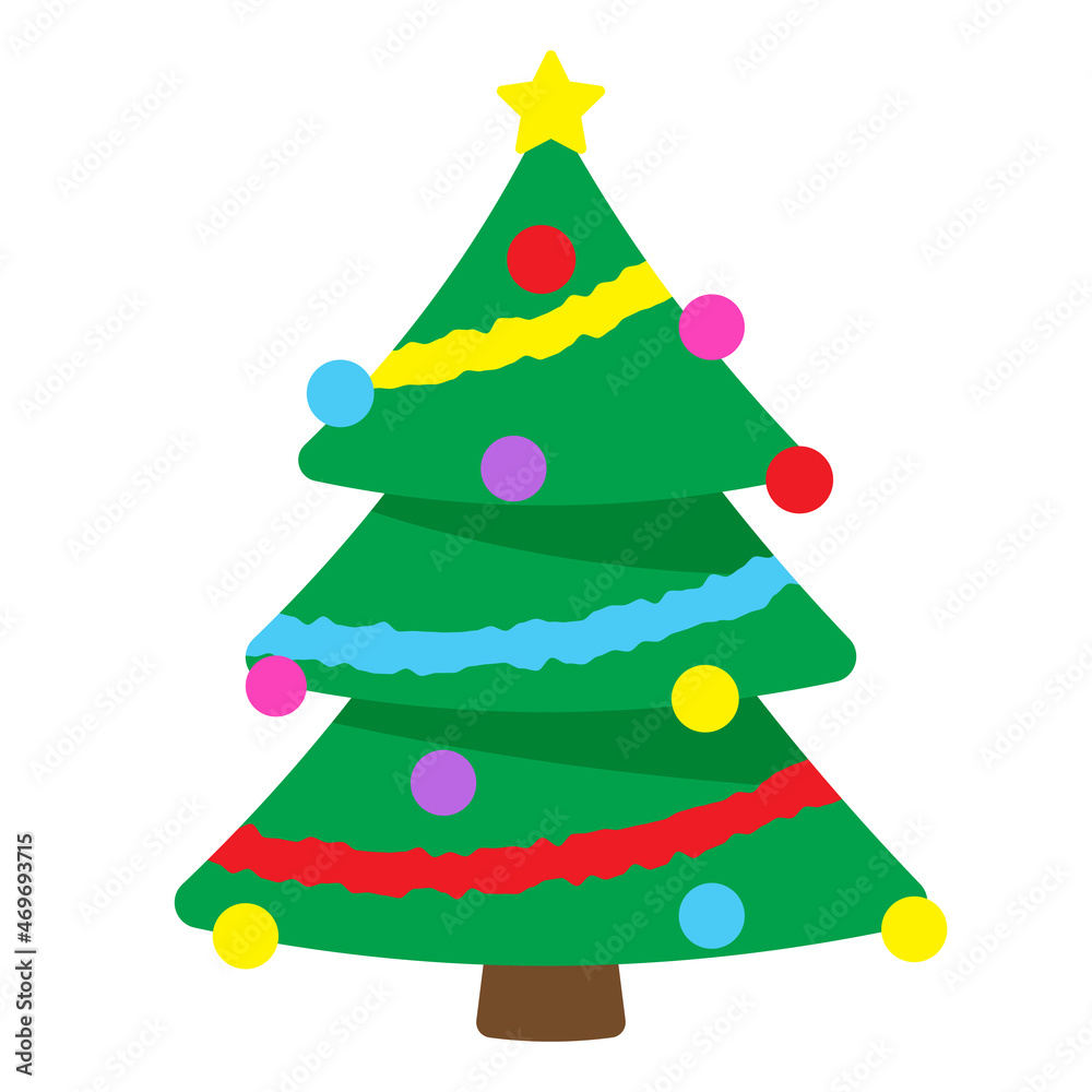 Christmas tree, vector illustration in cartoon flat style. Green fir tree with colorful balls and garland. New Year and Merry Christmas greeting card, poster, icon. Seasonal design and decor. Christmas tree, vector illustration in cartoon flat style. Green fir tree with colorful balls and garland. New Year and Merry Christmas greeting card, poster, icon. Seasonal design and decor.