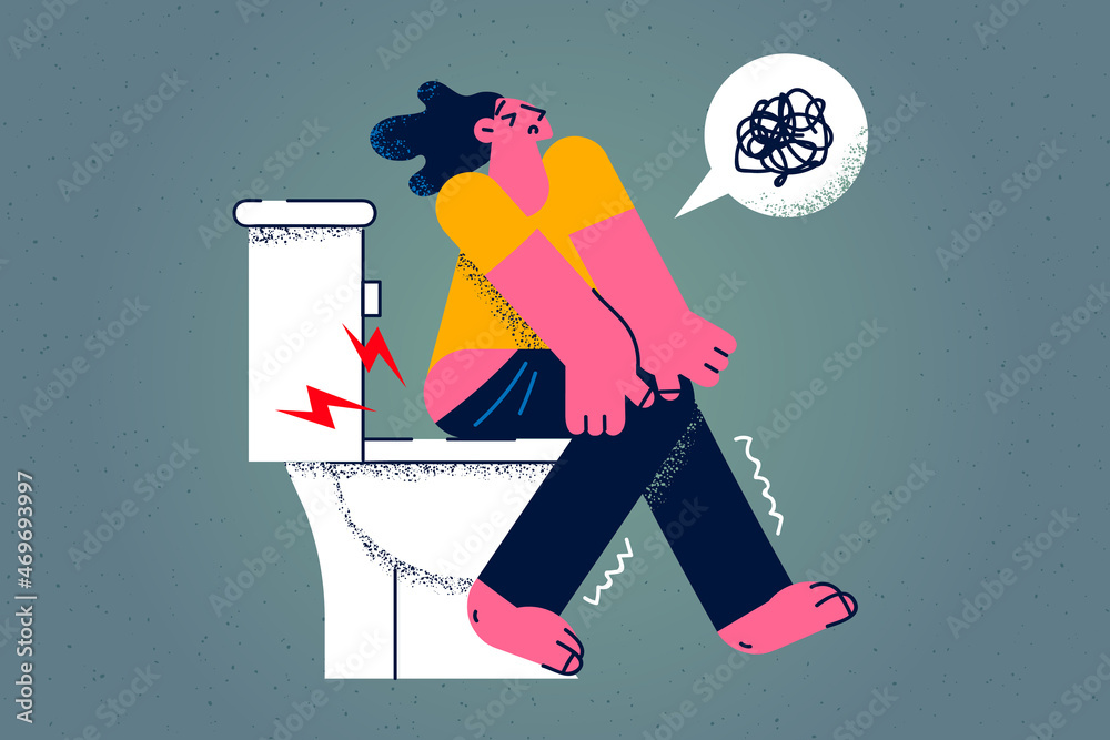 Ταπετσαρία Unhealthy woman sit on toilet struggle with constipation