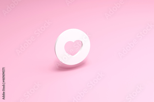 Heart icon. White symbol on pink background. 3d render illustration Valentine concept