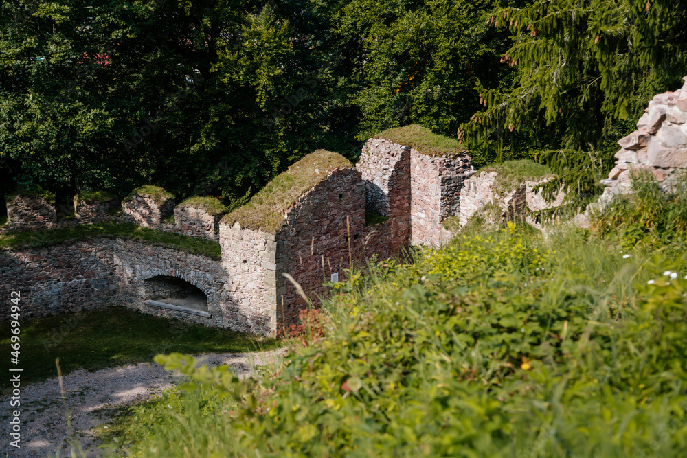 Litice nad Orlici, Eastern Bohemia, Czech Republic, 11 September 2021:  Ruins of medieval castle on hill, old stronghold with stone tower, ancient gothic fortress, sunny day, landmark in countryside