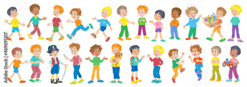 Set of multicultural boys with different skin and hair colors in different poses, emotions and relationships. In cartoon style. Isolated on white background. Vector illustration.