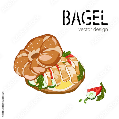 Bagel sandwich with cream cheese,chicken, vegetables and arugula isolated on a white background vector design. Bagel chicken, bread product drawn in sketch style.
