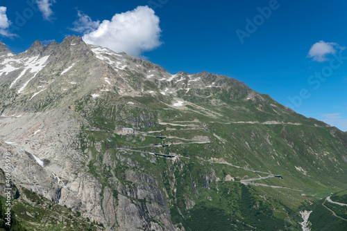 Mountainscape with Furka Road and Furka Pass near Oberwald
