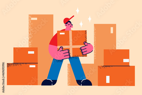 Happy deliveryman hold box deliver package to customer 