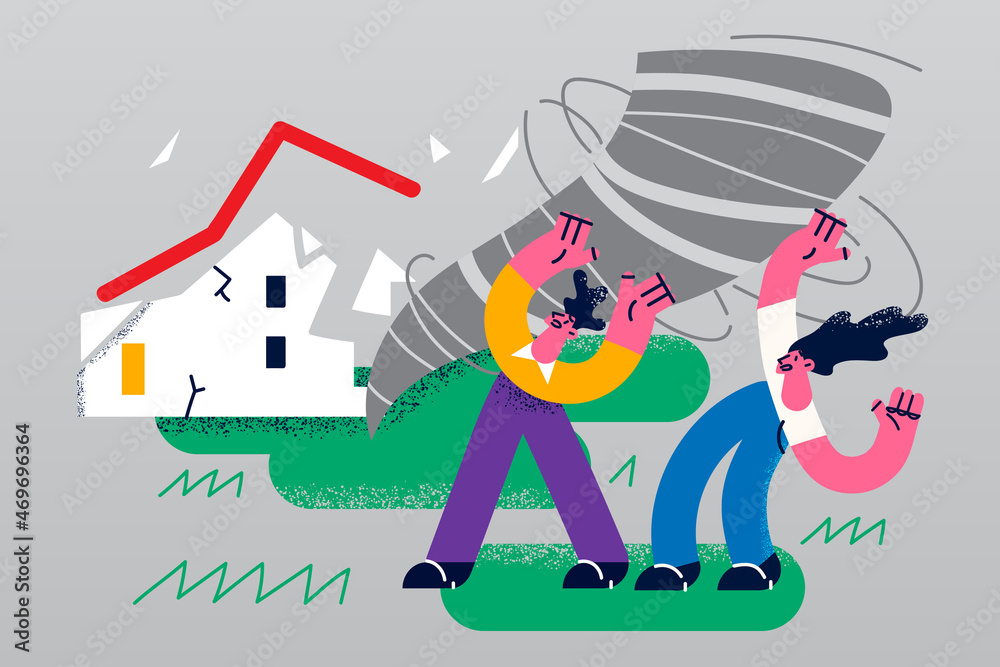Fototapeta premium People saving from powerful tornado in city 