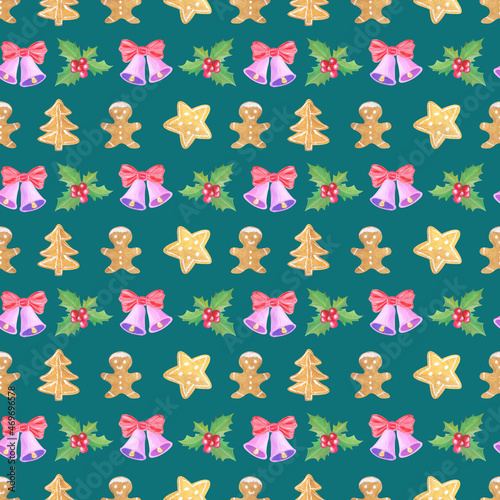 Festive new year seamless pattern with a print of holly, gingerbread, bells, on a green background.