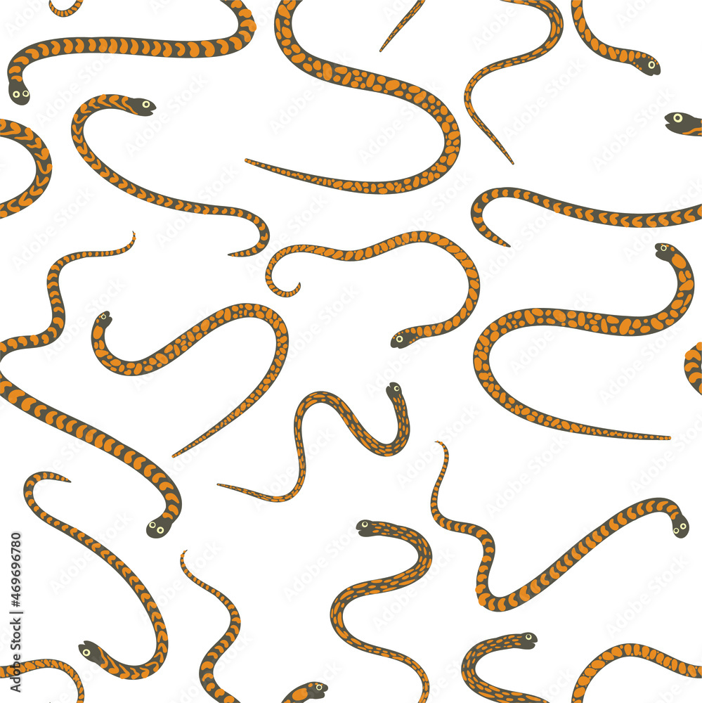Fototapeta premium Cute and trendy vector seamless pattern with hand drawn snakes. Animalistic ornament for printing on fabrics and paper