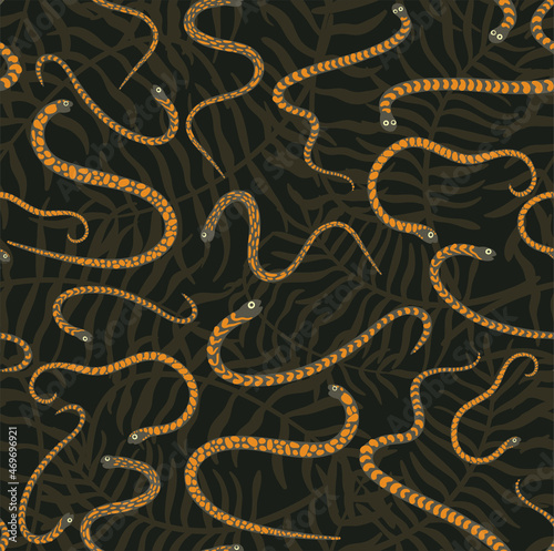 Cute and trendy vector seamless pattern with hand drawn snakes and palm leaves and tropical plants. Botanical and animalistic ornament for printing on fabrics and paper