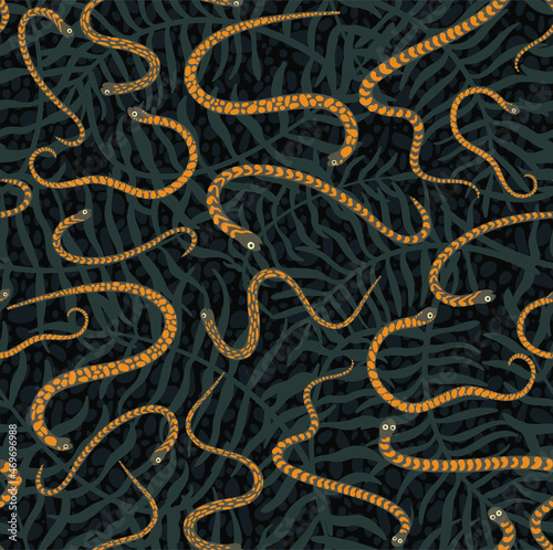 Cute and trendy vector seamless pattern with hand drawn snakes and palm leaves and tropical plants. Botanical and animalistic ornament for printing on fabrics and paper