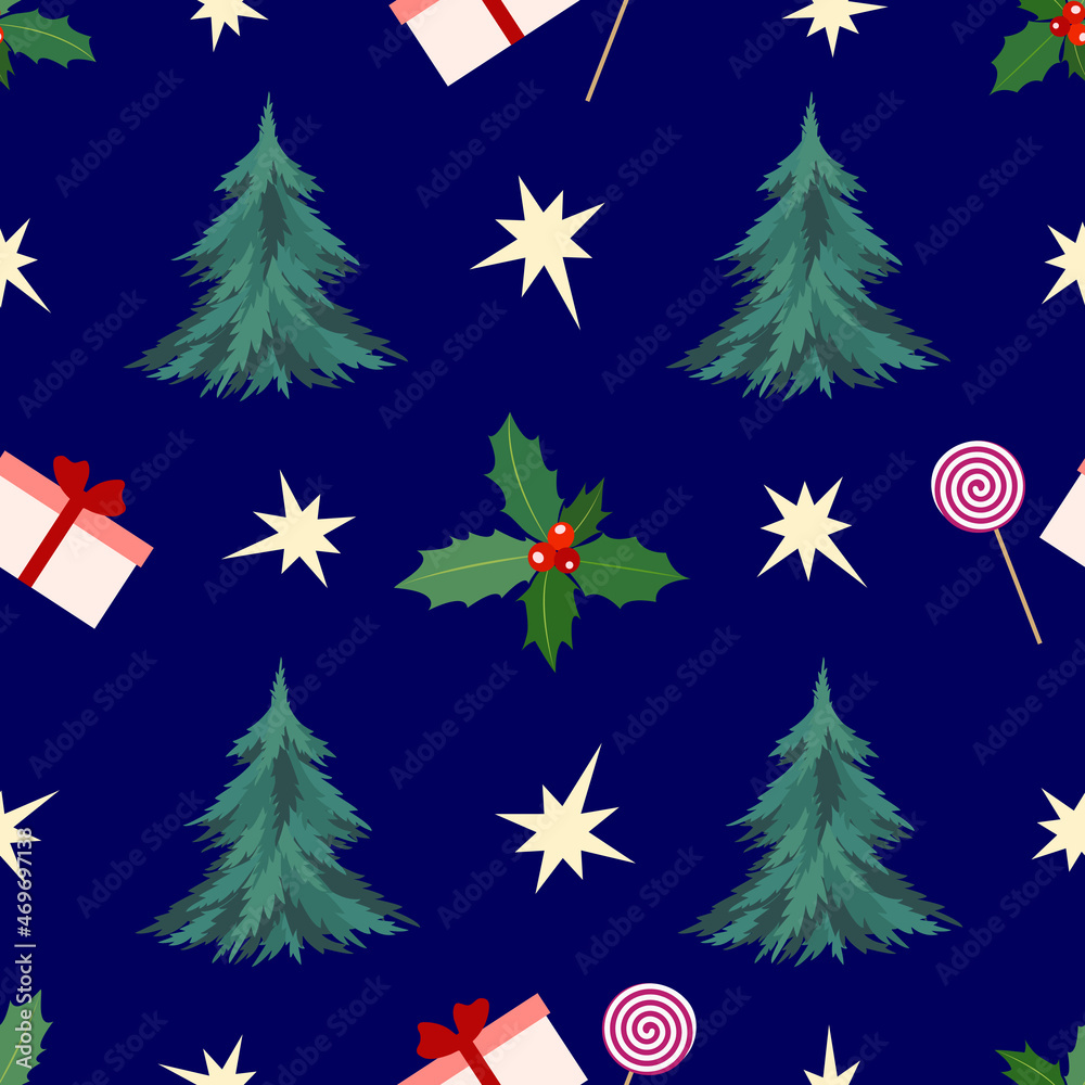 Obraz premium Festive new year seamless pattern with print of spruce, holly, stars, gift box, lollipops.