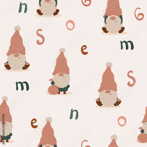 Seamless vector pattern with cute Christmas gnomes. For wrapping paper, textiles, fabric. Pastel color