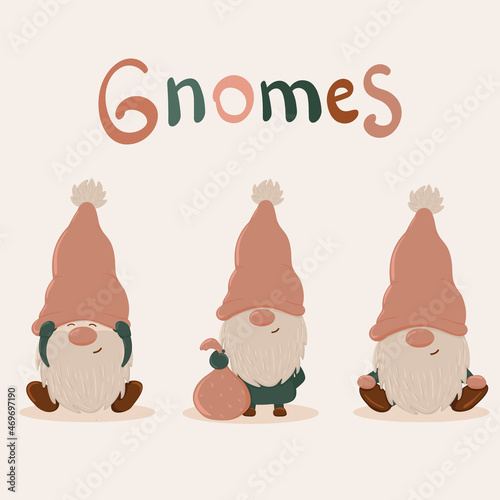 Three cute Christmas gnomes. For wrapping paper, textiles, fabric. Pastel color.