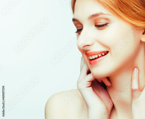 young sweet ginger woman close up isolated on white background, perfect pure innocense beautiful photo