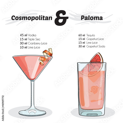 Hand Drawn Colorful Cosmopolitan and Paloma Summer Cocktail Drink Ingredients Recipe