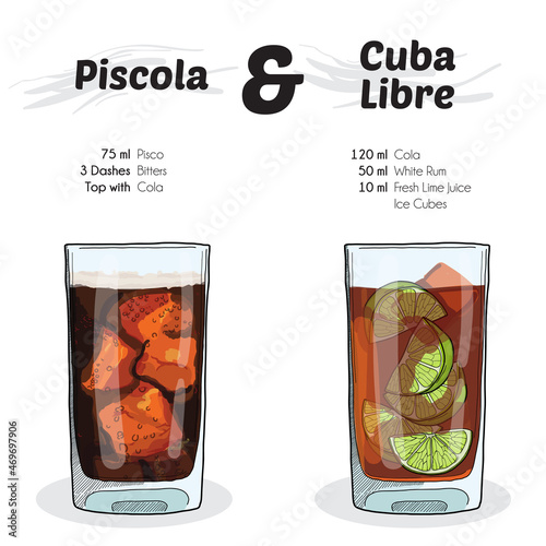Hand Drawn Colorful Piscola and Cuba Libre Cocktail Drink Ingredients Recipe