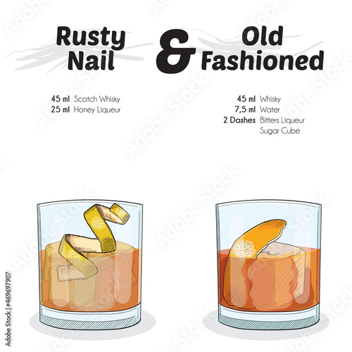 Hand Drawn Colorful Rusty Nail and Old Fashioned Cocktail Drink Ingredients Recipe