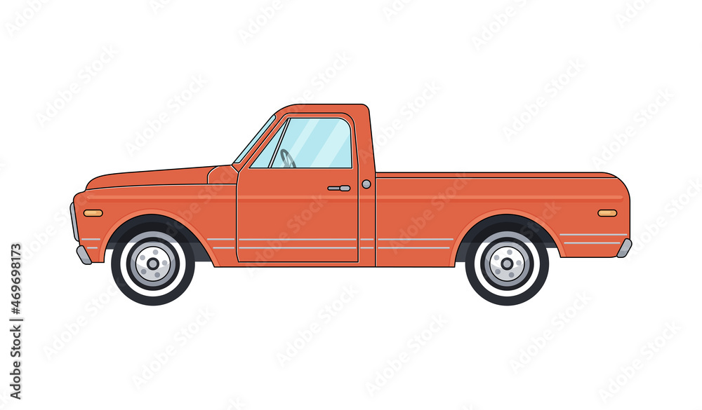 Red large old retro pickup truck on white background. Vector flat vintage transport suv car