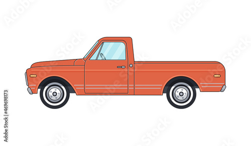 Red large old retro pickup truck on white background. Vector flat vintage transport suv car