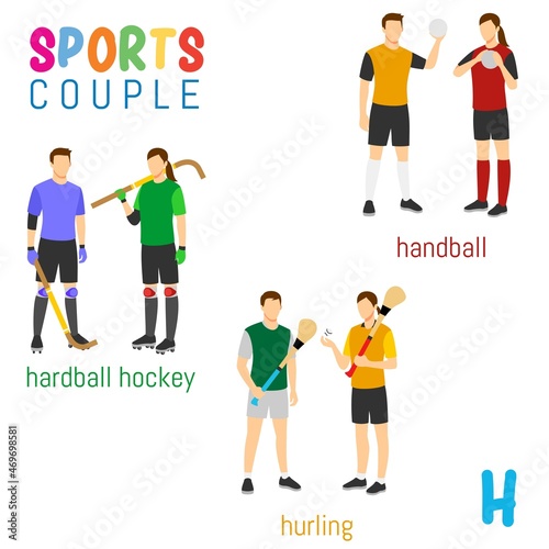 Sports Couple  alphabet in vector with H letter. illustration cartoon sports. Alphabet design in a colorful style.