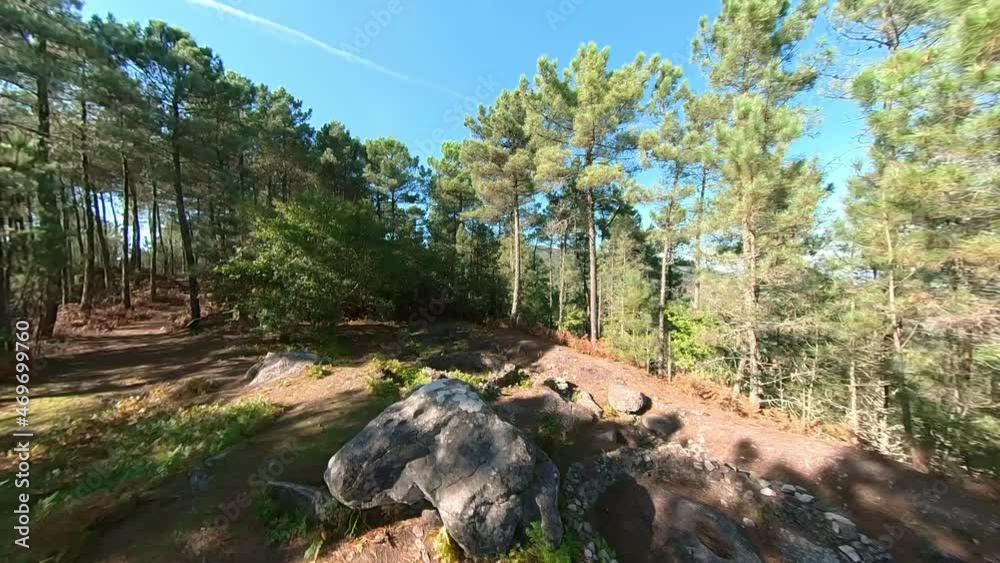 Flying towards the Celtic castro in altos dos cubos of mount Aloia in Tui, Galicia Spain