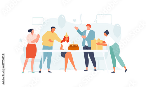 Office friends colleagues congratulate the employee happy birthday