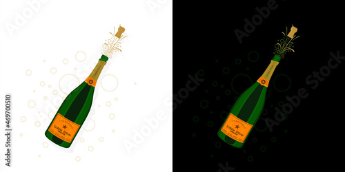 Realistic Champagne Bottle with Cork and Fizz Popping Out. Champagne Bottle Explosion. Editable Illustration.