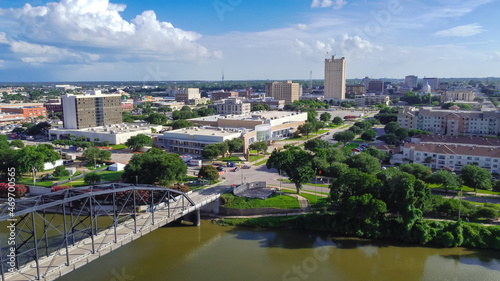 Top view downtown Waco and Cultural District from Washington Avenue Bridge cross Brazos River