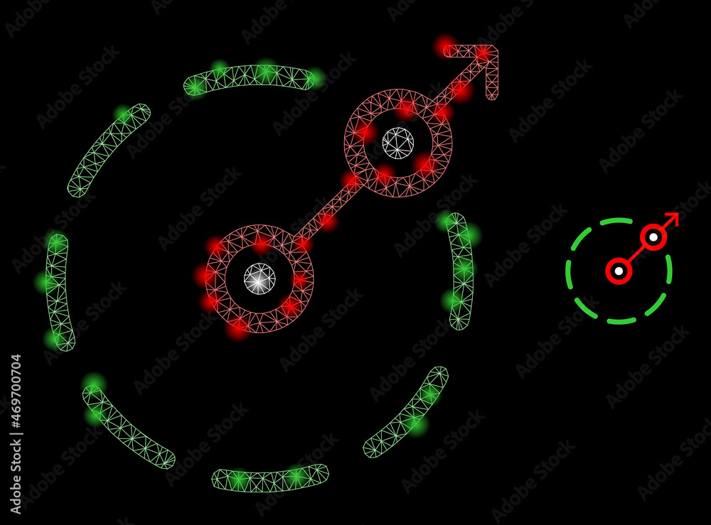 Glossy polygonal mesh net radial escape border icon with glare effect on a black background. Constellation radial escape border iconic vector with illuminated points in bright colors.