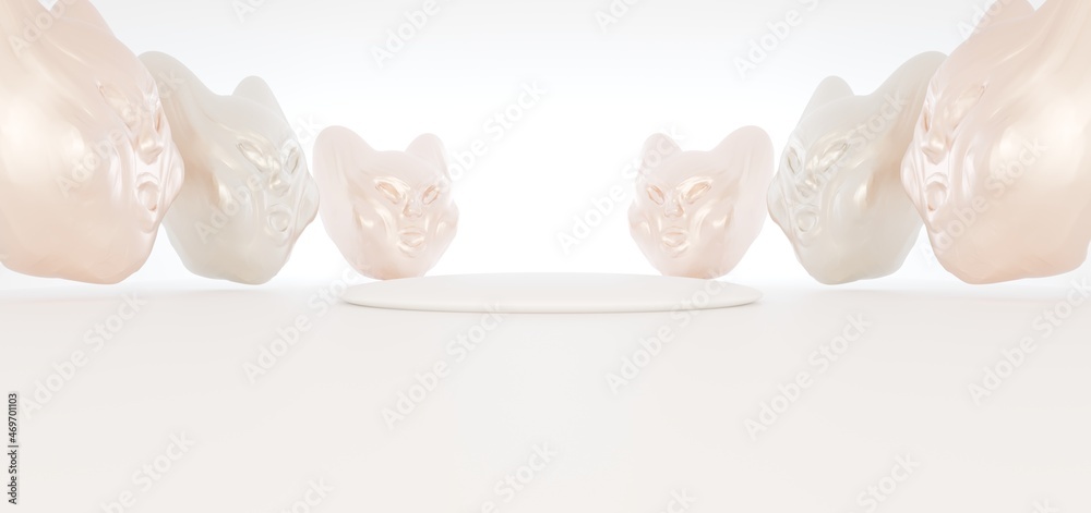 Luxury abstract architectural minimalistic background. A snowy and gold men evil head blowing by the north wind. Isolated. 3D illustration and rendering.