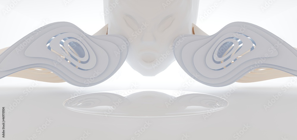 Luxury abstract architectural minimalistic background. A snowy men evil head blowing by the north wind. Isolated. 3D illustration and rendering.
