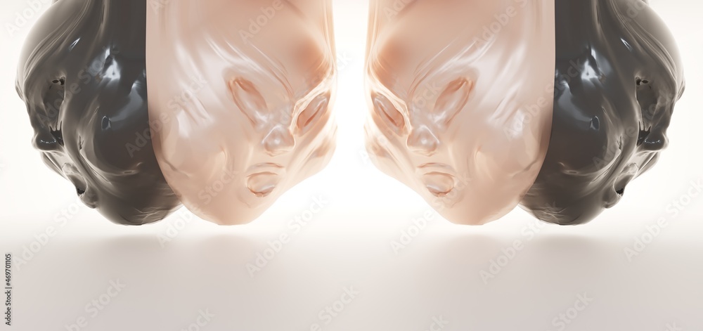 Luxury abstract architectural minimalistic background. A black and gold men evil head blowing by the north wind. Isolated. 3D illustration and rendering.