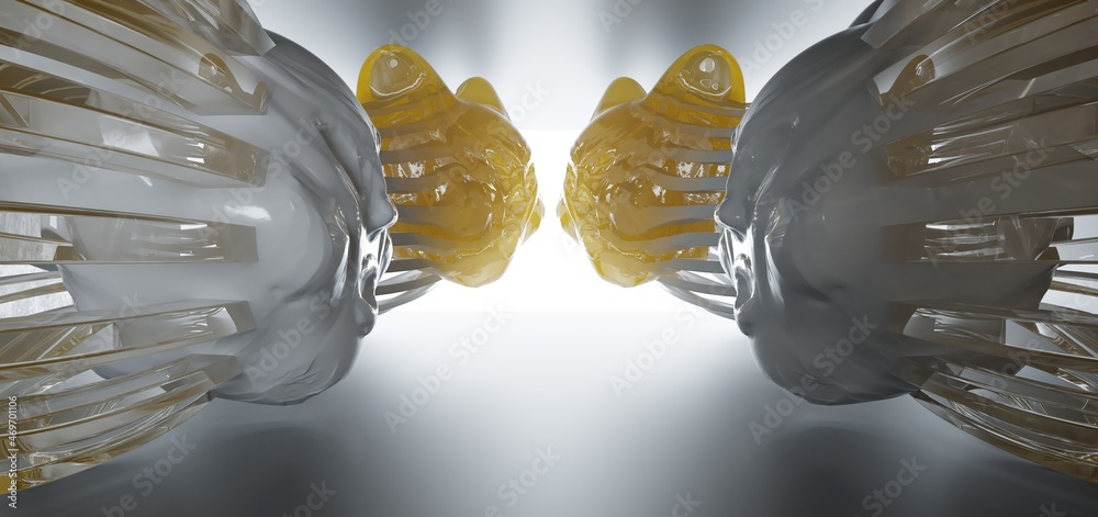 Luxury abstract architectural minimalistic background. A snowy and gold men evil head blowing by the north wind. Isolated. 3D illustration and rendering.