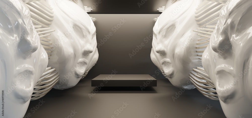 Luxury abstract architectural minimalistic background. A white men evil head blowing by the north wind. Isolated. 3D illustration and rendering.