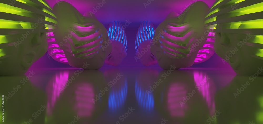 Luxury abstract architectural minimalistic background. Laser show in the ultraviolet spectrum. A snowy men evil head blowing by the north wind. Isolated. 3D illustration and rendering.