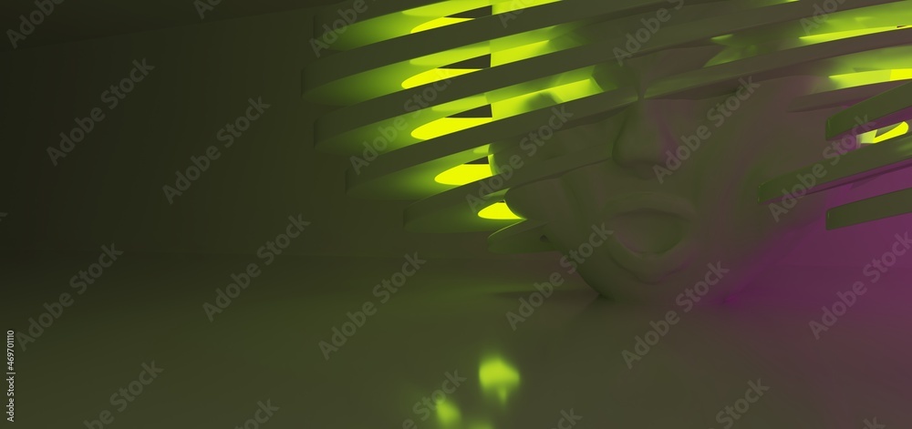 Luxury abstract architectural minimalistic background. Laser show in the ultraviolet spectrum. A snowy men evil head blowing by the north wind. Isolated. 3D illustration and rendering.