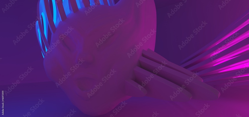 Luxury abstract architectural minimalistic background. Laser show in the ultraviolet spectrum. A snowy men evil head blowing by the north wind. Isolated. 3D illustration and rendering.