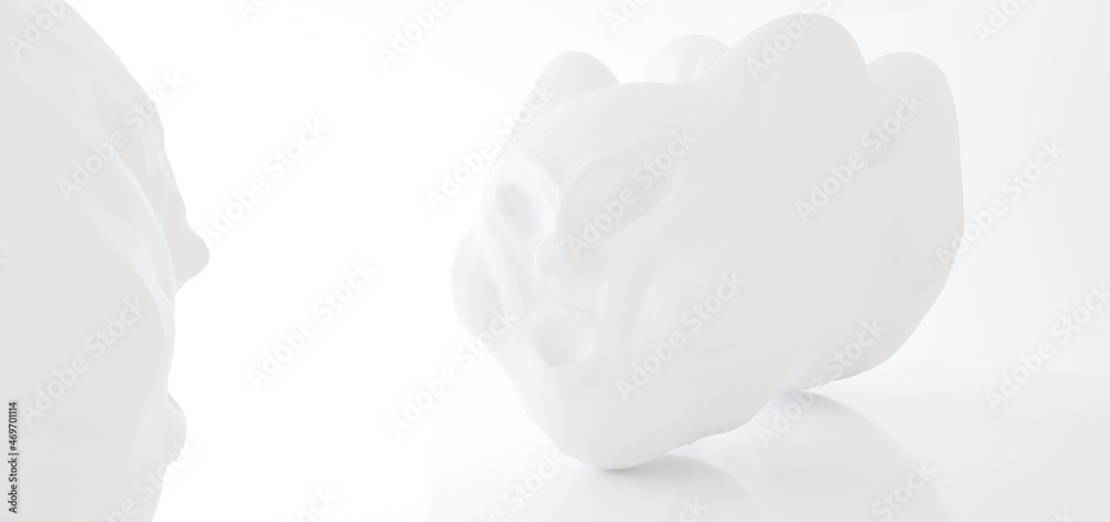 Luxury abstract architectural minimalistic background. A snowy men evil head blowing by the north wind. Isolated. 3D illustration and rendering.