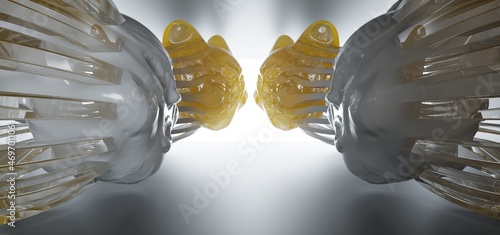 Obraz na płótnie Luxury abstract architectural minimalistic background. A snowy and gold men evil head blowing by the north wind. Isolated. 3D illustration and rendering. w salonie