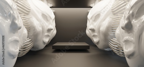 Obraz na płótnie Luxury abstract architectural minimalistic background. A white men evil head blowing by the north wind. Isolated. 3D illustration and rendering. w salonie