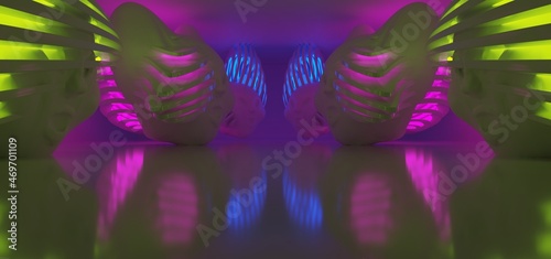 Obraz na płótnie Luxury abstract architectural minimalistic background. Laser show in the ultraviolet spectrum. A snowy men evil head blowing by the north wind. Isolated. 3D illustration and rendering.
w salonie