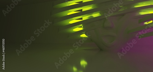 Obraz na płótnie Luxury abstract architectural minimalistic background. Laser show in the ultraviolet spectrum. A snowy men evil head blowing by the north wind. Isolated. 3D illustration and rendering.
w salonie