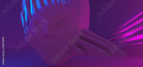 Obraz na płótnie Luxury abstract architectural minimalistic background. Laser show in the ultraviolet spectrum. A snowy men evil head blowing by the north wind. Isolated. 3D illustration and rendering.
w salonie