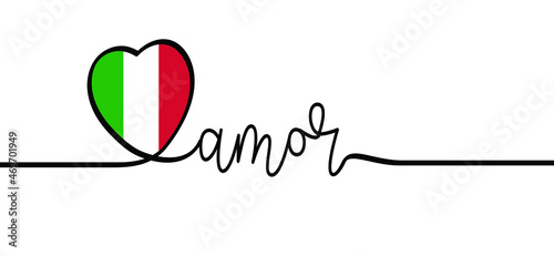 Slogan amor with flaf of Italia, Italy word meaning love, with heart symbol. Vector line pattern. background. Happy vacation or holliday icon. I love Italy. photo