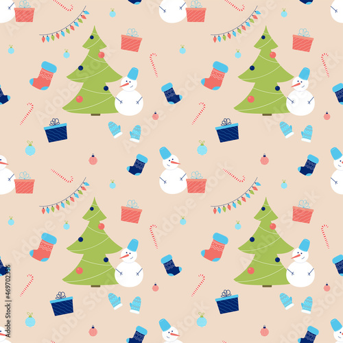 Christmas seamless pattern with christmas tree, garland, socks, snowman, balls, mittens, candy. New year background. Vector illustration